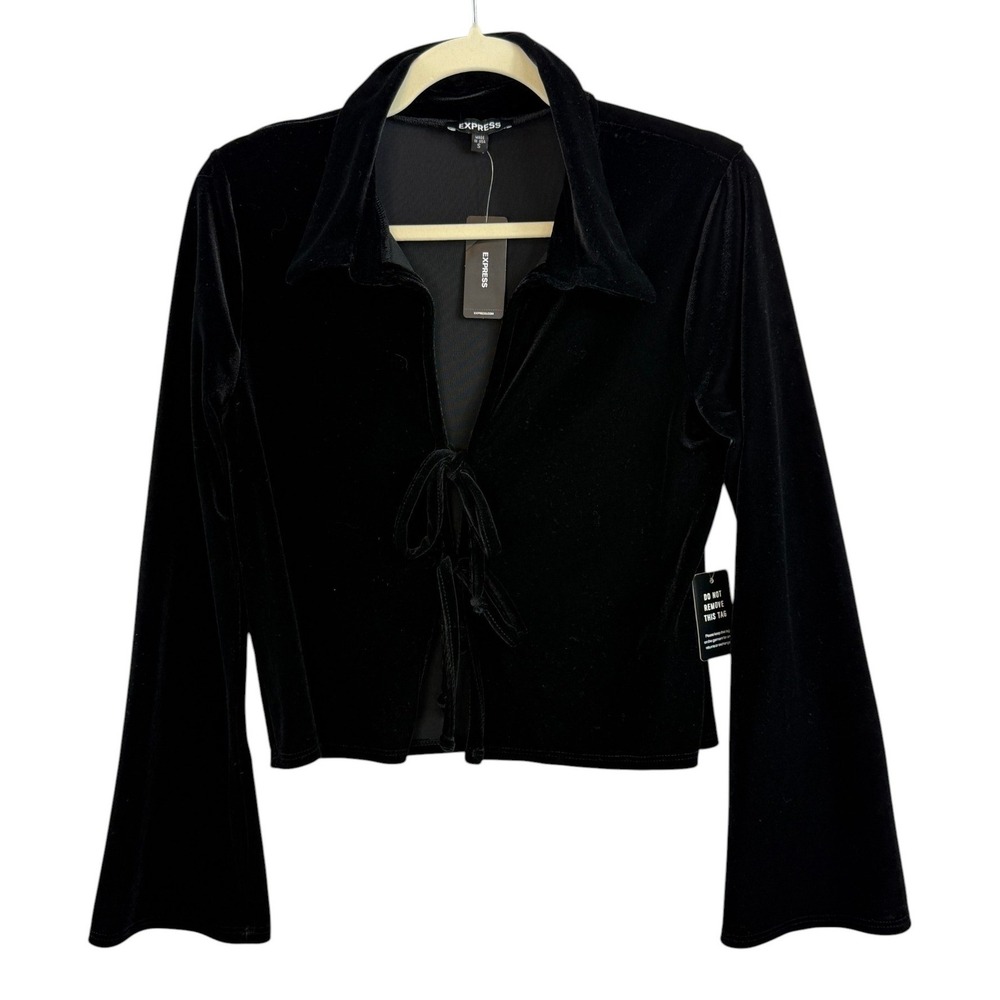 Express S Black Velvet Tie Front Collared Top Bell Sleeve NWT Made USA